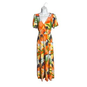Abel The Label Abstract Floral Maxi Dress - S - Smocked Waist Rayon Resortcore‎
